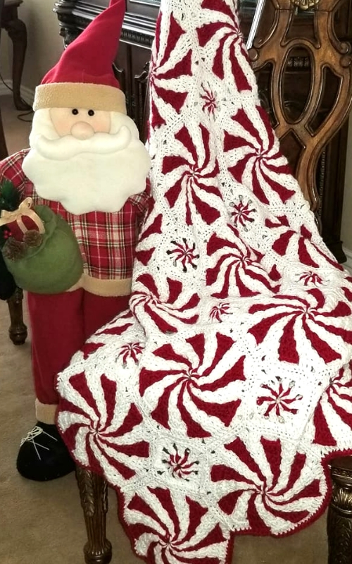 Dark Red and White Peppermint Candy Crochet Throw with Santa Figure