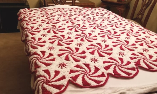 Peppermint Candy Crochet Throw with Dark Red Border