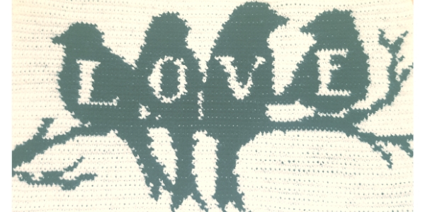Grey and White Tapestry Crochet of Four Birds and the Word Love