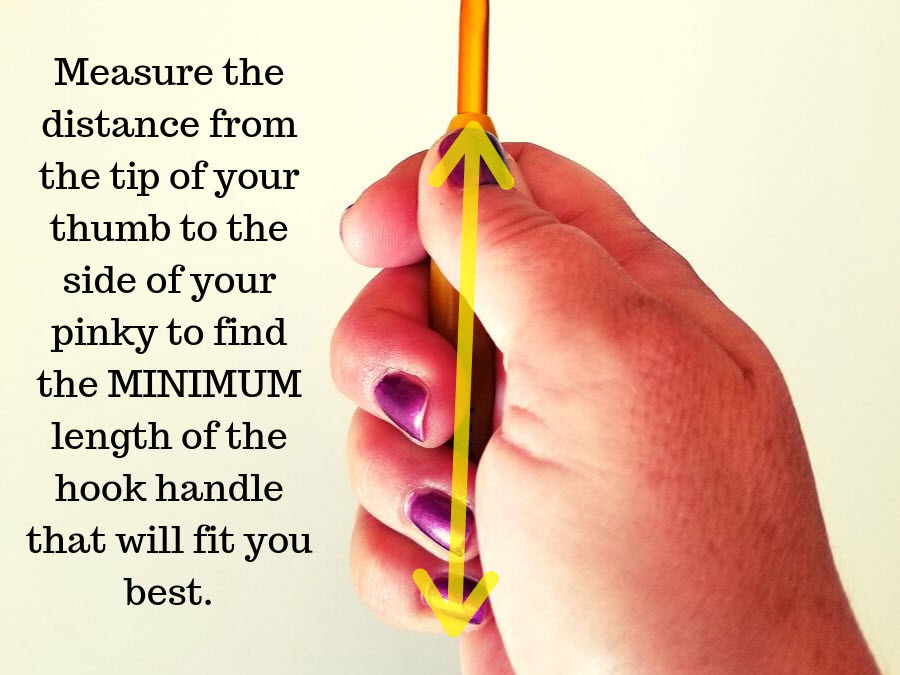 Hand holding crochet hook showing where to measure to find minimum handle length that will fit best