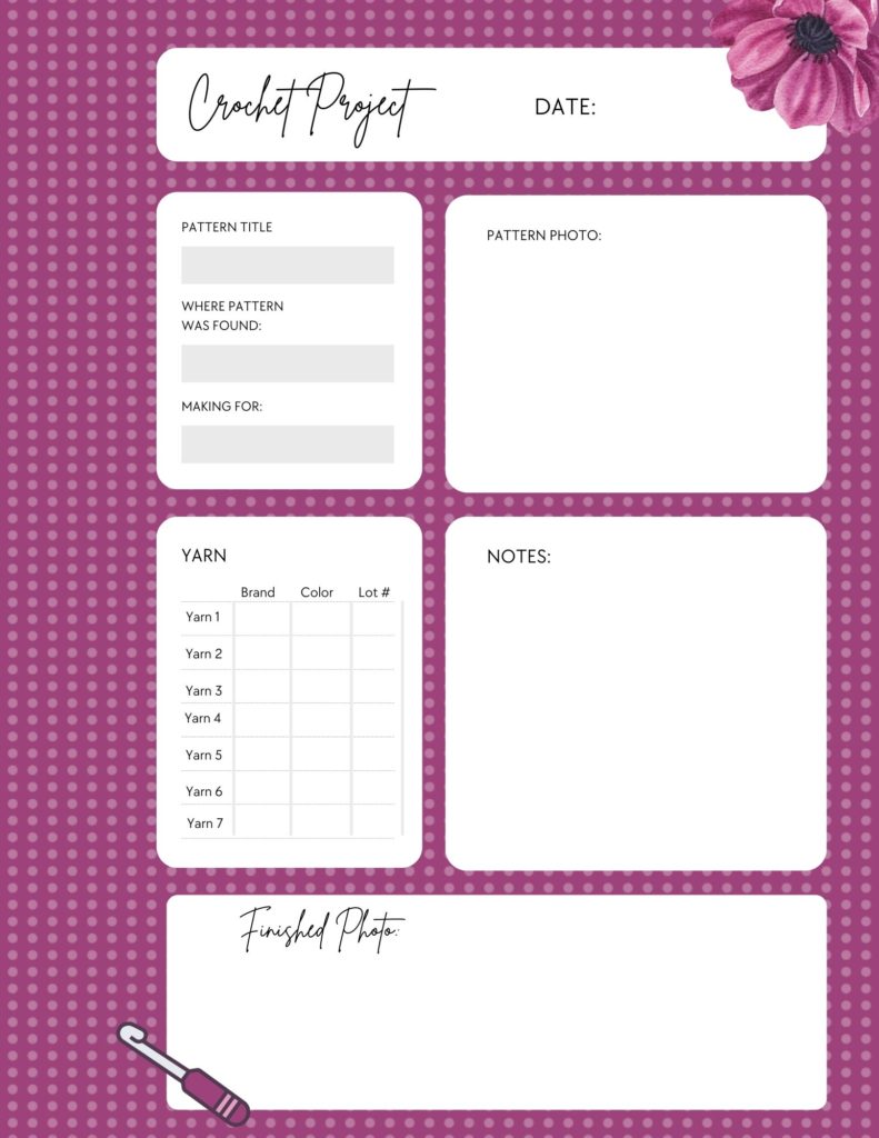 crochet project tracking sheet for journals with purple polka dot background